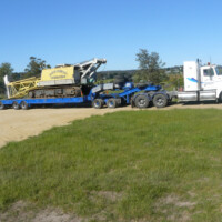 Jarvis Norwood’s new Quad Axle Full Widening Lusty Float and Dolly carrying their Sumitomo SC700-2 Crawler Crane.